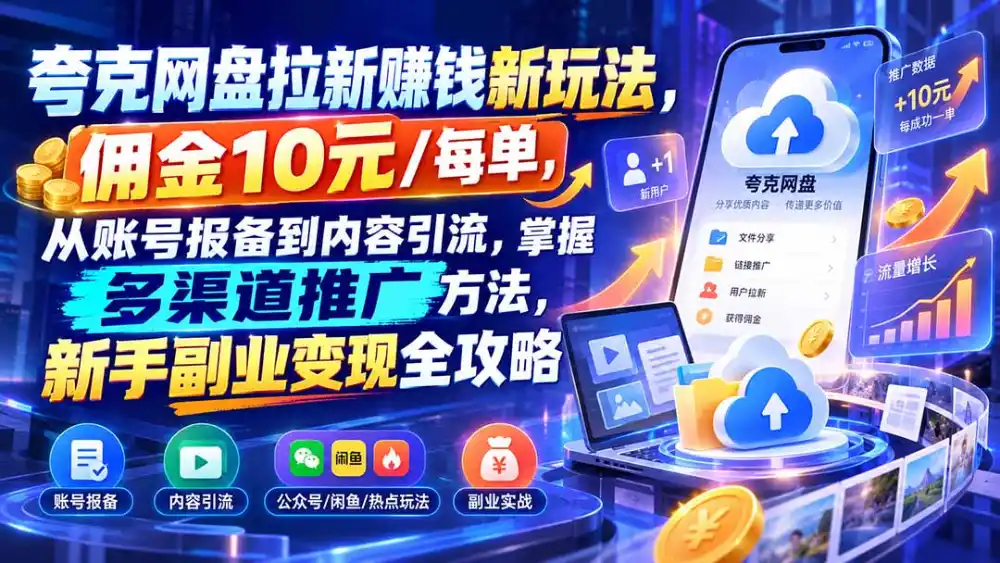 夸克网盘拉新赚钱新玩法，佣金10元/每单，从账号报备到内容引流，掌握多渠道推广方法，新手副业变现全攻略-小行网创