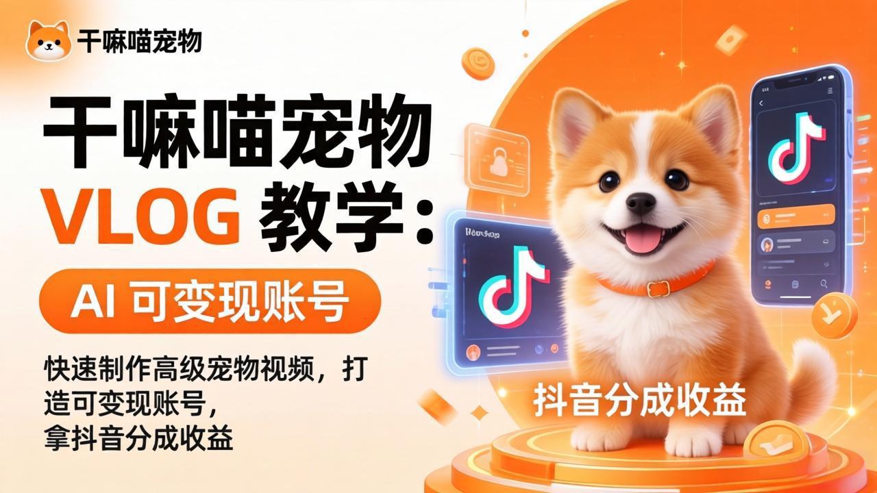 干嘛喵宠物 VLOG 教学：AI 快速制作高级宠物视频，打造可变现账号，拿抖音分成收益-小行网创