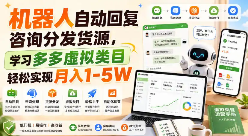 机器人自动回复咨询分发货源，学习多多虚拟类目轻松实现月入1-5W【揭秘】-小行网创
