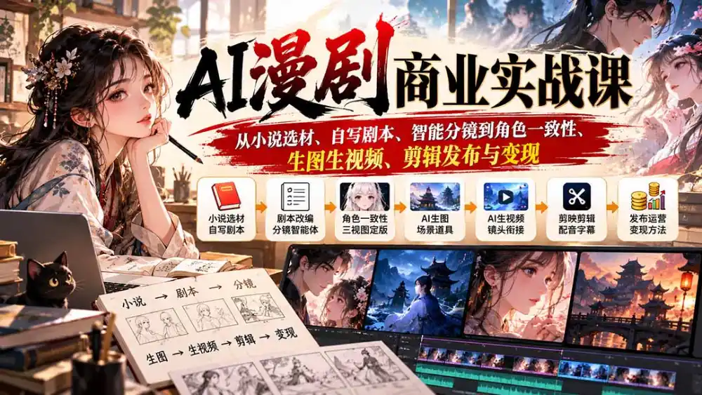 AI漫剧商业实战课:从小说选材、自写剧本、智能分镜到角色一致性、生图生视频、剪辑发布与变现-小行网创