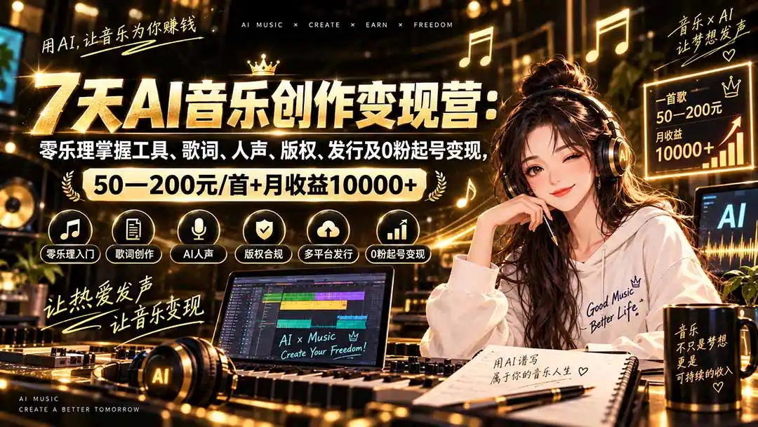 AI音乐创作变现营：零乐理掌握工具、歌词、人声、版权、发行及0粉起号变现，50—200元/首+月收益10000+-小行网创