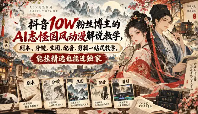 抖音10W粉丝博主满堂诡事的AI志怪国风动漫解说教学，剧本、分镜、生图、配音、剪辑一站式教学，能挂精选也能进独家-小行网创