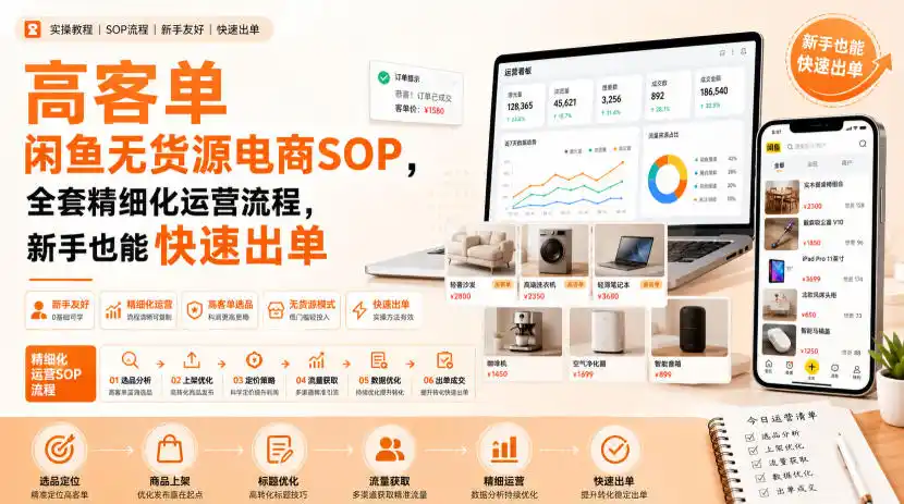 高客单闲鱼无货源电商SOP，全套精细化运营流程，新手也能快速出单-小行网创