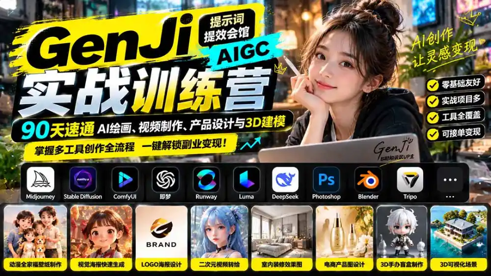 GenJi AIGC实战训练营：90天速通AI绘画、视频制作、产品设计与3D建模，掌握多工具创作全流程-小行网创