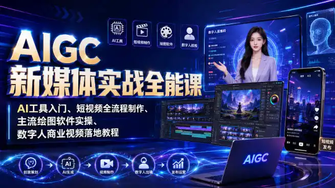AIGC新媒体实战全能课｜AI工具入门、短视频全流程制作、主流绘图软件实操、数字人商业视频落地教程-小行网创