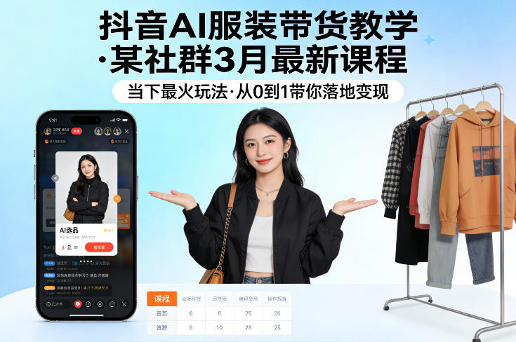 抖音AI服装带货教学,某社群3月最新课程,当下最火玩法,从0到1带你落地变现-小行网创