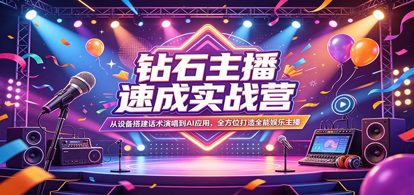 钻石主播速成实战营：从设备搭建话术演唱到AI应用，全方位打造全能娱乐主播-小行网创