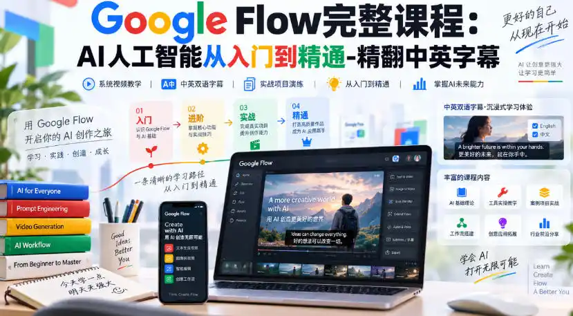 【无水印】Google Flow完整课程：AI人工智能从入门到精通-精翻中英字幕-小行网创