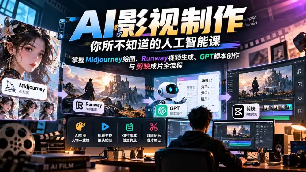 【无水印】AI影视制作-你所不知道的人工智能课，掌握Midjourney绘图、Runway视频生成、GPT脚本创作与剪映成片全流程-小行网创