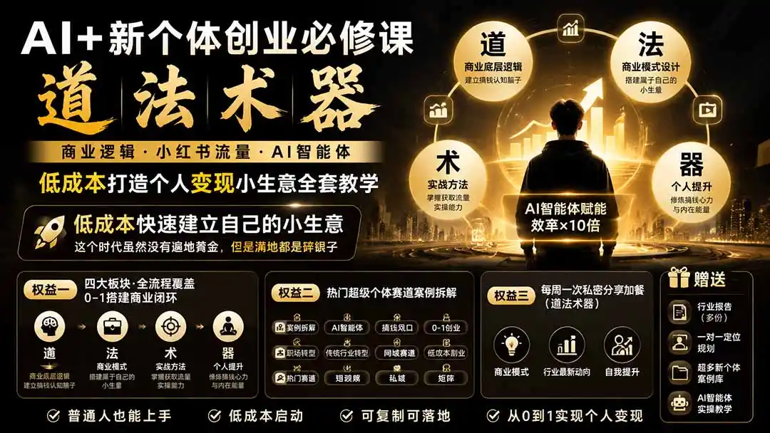 AI+新个体创业必修课|道法术器|商业逻辑·小红书流量·AI智能体|低成本打造个人变现小生意全套教学-小行网创