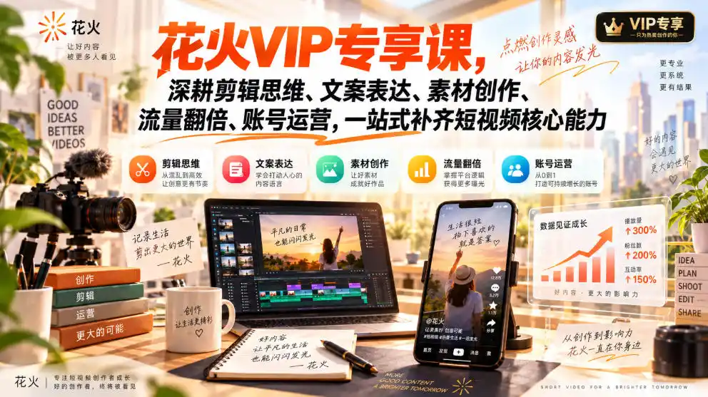 花火VIP专享课，深耕剪辑思维、文案表达、素材创作、流量翻倍、账号运营，一站式补齐短视频核心能力-小行网创