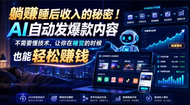 躺賺睡后收入的秘密！AI自动发爆款内容，不需要懂技术，让你在睡觉的时候也能轻松賺钱【原创双语字幕】-小行网创