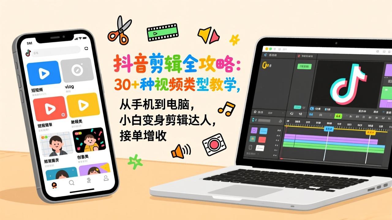 抖音剪辑全攻略：30+种视频类型教学，从手机到电脑，小白变身剪辑达人，接单增收-小行网创