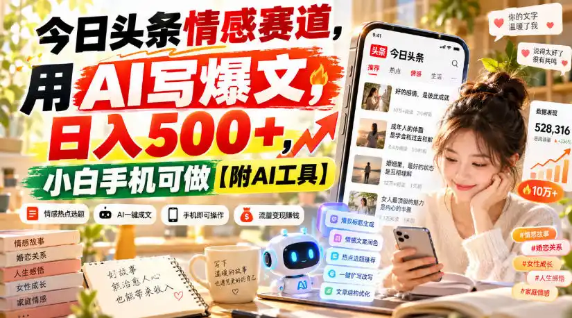 今日头条情感赛道,用AI写爆文,日入500+,小白手机可做【附AI工具】-小行网创