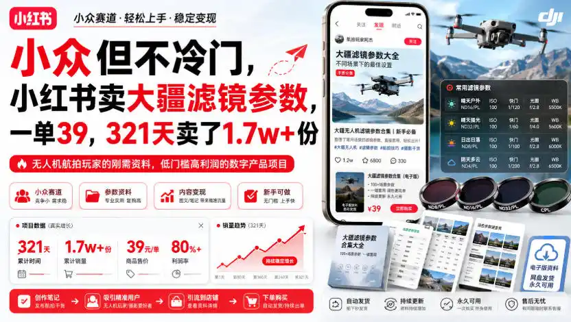 小众但不冷门,小红书卖大疆滤镜参数,一单39,321天卖了1.7w+份-小行网创