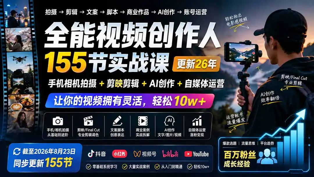 全能视频创作人155节实战课-更新26年8月:手机相机拍摄+剪映剪辑+AI创作+自媒体运营,让你的视频拥有灵活,轻松10w-小行网创