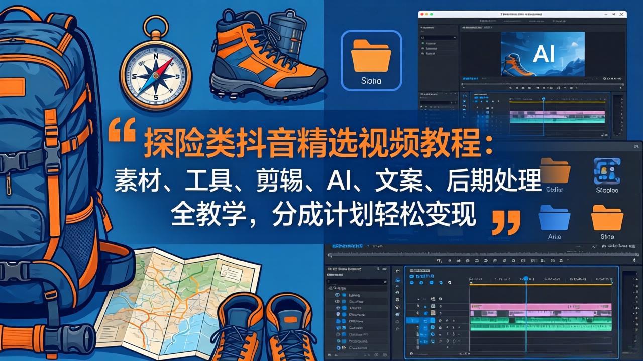 探险类抖音精选视频教程：素材、工具、剪辑、AI、文案、后期处理全教学，分成计划轻松变现-小行网创