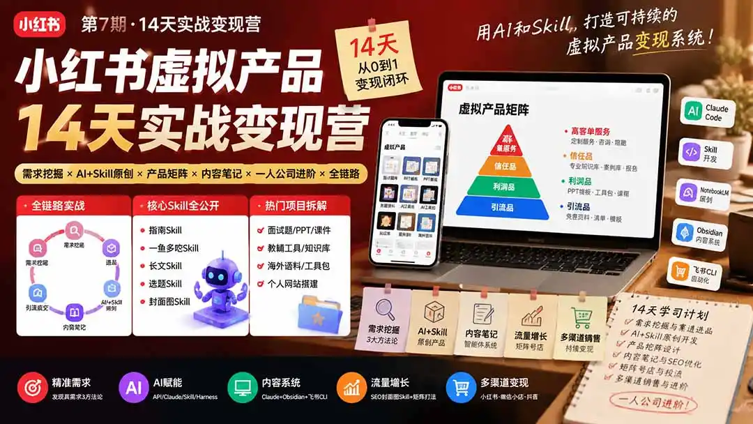 小红书虚拟产品14天实战变现营-第7期:需求挖掘×AI+Skill原创×产品矩阵×内容笔记×一人公司进阶×全链路-小行网创