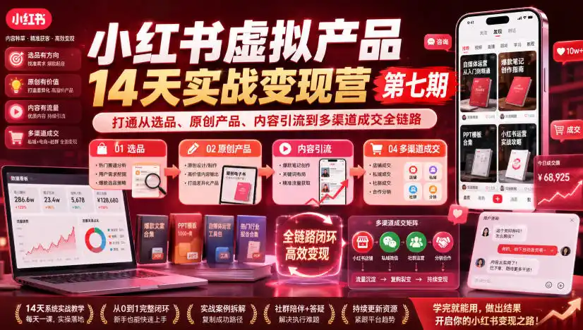 小红书虚拟产品14天实战变现营第七期,打通从选品、原创产品、内容引流到多渠道成交全链路-小行网创