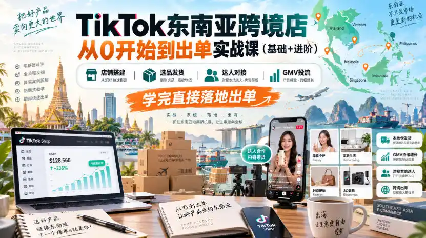 TikTok东南亚跨境店从0开始到出单实战课(基础+进阶),店铺搭建、选品发货、达人对接、GMV投流,学完直接落地出单-小行网创