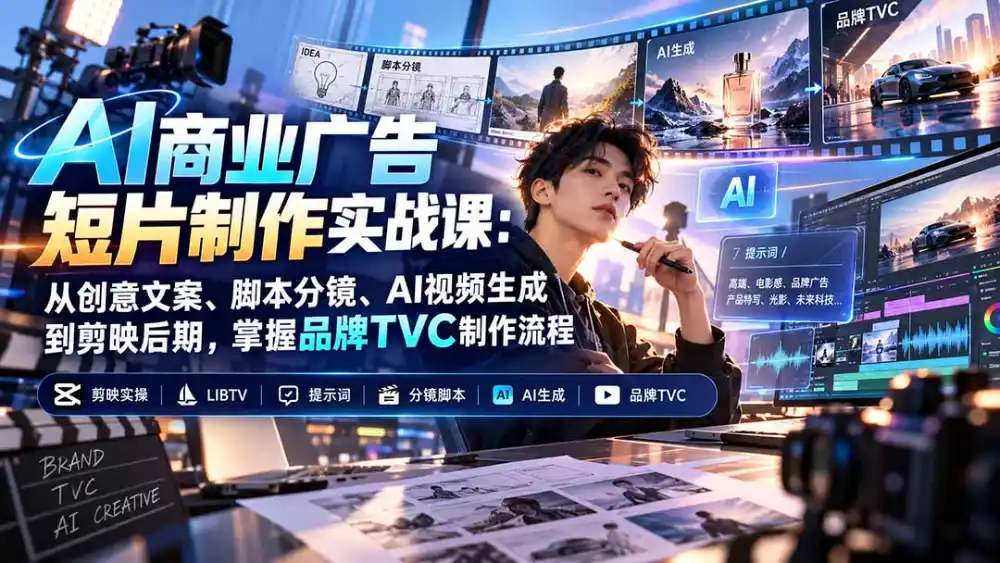 AI商业广告短片制作实战课：从创意文案、脚本分镜、AI视频生成到剪映后期，掌握品牌TVC制作流程-小行网创