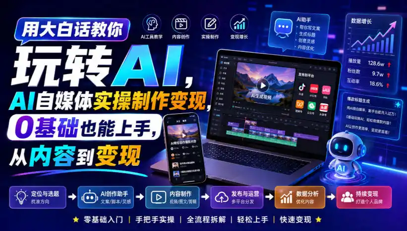 用大白话教你玩转AI，AI自媒体实操制作变现，0基础也能上手，从内容到变现-小行网创