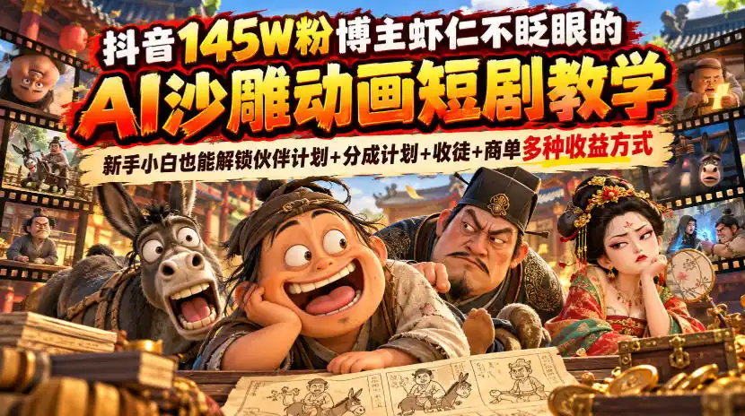 抖音145W粉博主虾仁不眨眼的AI沙雕动画短剧教学，新手小白也能解锁伙伴计划+分成计划+收徒+商单多种收益方式-小行网创