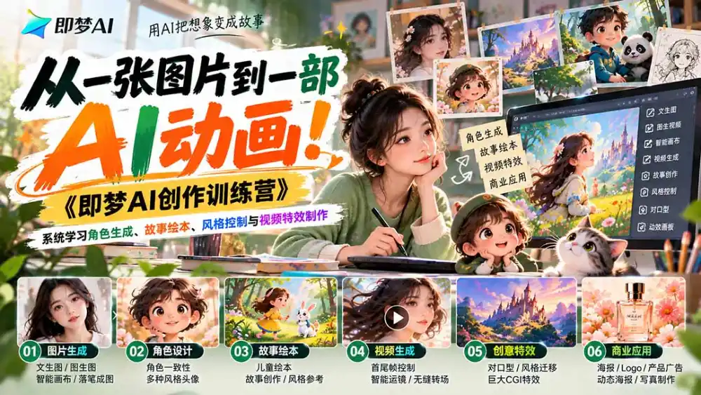 【无水印】从一张图片到一部AI动画！《即梦AI创作训练营》系统学习角色生成、故事绘本、风格控制与视频特效制作-小行网创