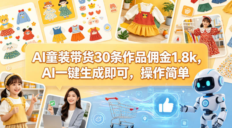 AI童装带货30条作品佣金1.8k，AI一键生成即可，操作简单-小行网创