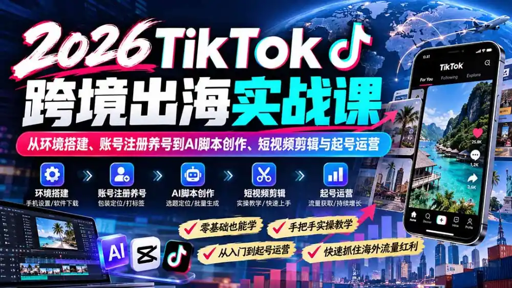 2026TikTok跨境出海实战课：从环境搭建、账号注册养号到AI脚本创作、短视频剪辑与起号运营-小行网创