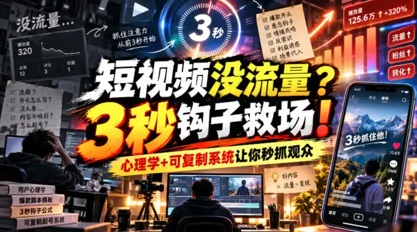【无水印】短视频没流量?3秒钩子救场!心理学+可复制系统让你秒抓观众【原创双语字幕】-小行网创