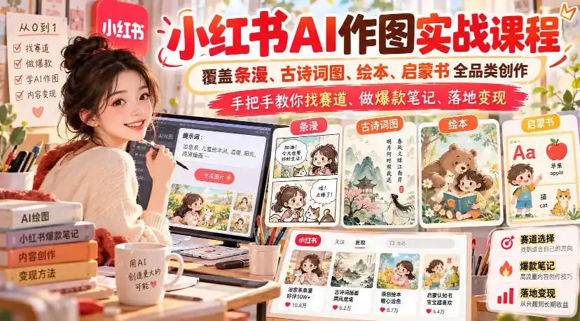 小红书AI作图实战课程，覆盖条漫、古诗词图、绘本、启蒙书全品类创作，手把手教你找赛道、做爆款笔记、落地变现-小行网创