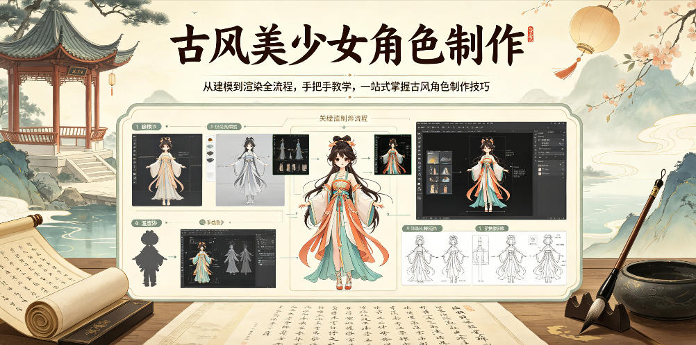 古风美少女角色制作,从建模到渲染全流程,手把手教学,一站式掌握古风角色制作技巧-小行网创