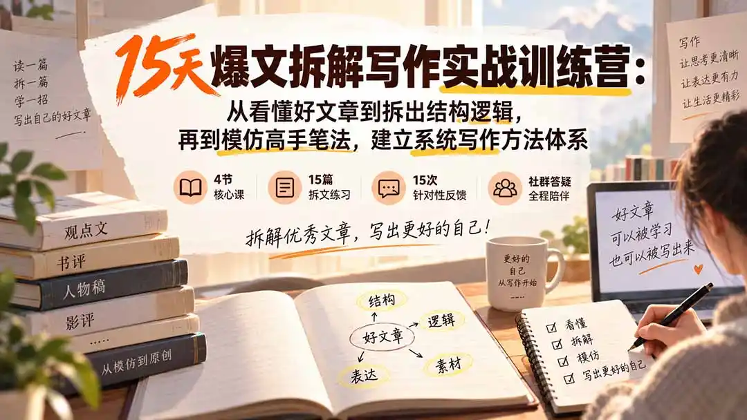 15天爆文拆解写作实战训练营:从看懂好文章到拆出结构逻辑,再到模仿高手笔法,建立系统写作方法体系-小行网创