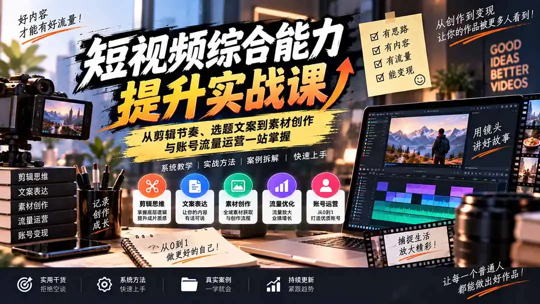 短视频综合能力提升实战课：从剪辑节奏、选题文案到素材创作与账号流量运营一站掌握-小行网创