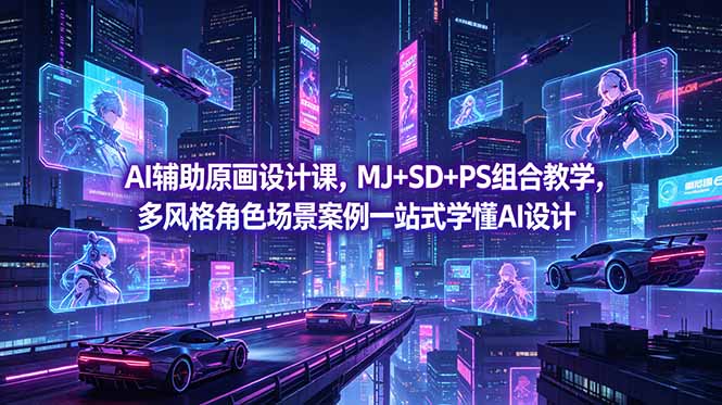 AI辅助原画设计课，MJ+SD+PS组合教学，多风格角色场景案例一站式学懂AI设计-小行网创