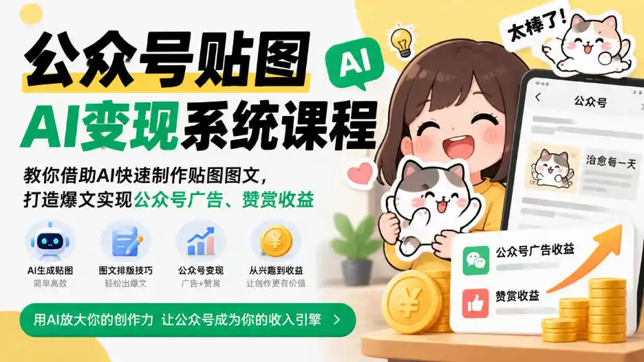 公众号贴图AI变现系统课程｜教你借助AI快速制作贴图图文，打造爆文实现公众号广告、赞赏收益-小行网创