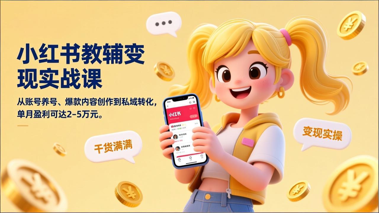 小红书教辅变现实战课，从账号养号、爆款内容创作到私域转化，单月盈利可达2-5万元-小行网创