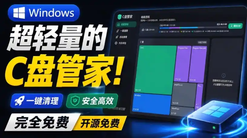Windows超轻量的C盘管家！超级有特点，支持磁盘分析及清理提醒，2M大小体积，完全免费C盘管家-小行网创