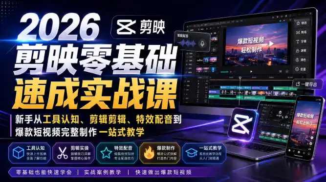 2026剪映零基础速成实战课|新手从工具认知、剪辑剪辑、特效配音到爆款短视频完整制作一站式教学-小行网创