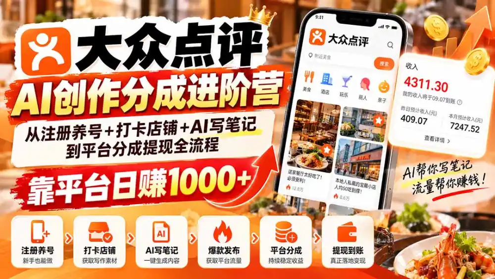 大众点评AI创作分成进阶营：从注册养号+打卡店铺+AI写笔记到平台分成提现全流程，靠平台日赚1000+-小行网创