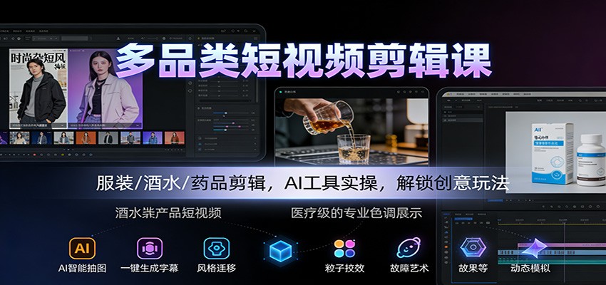 多品类短视频剪辑课:服装/酒水/药品剪辑,AI工具实操,解锁创意玩法-小行网创