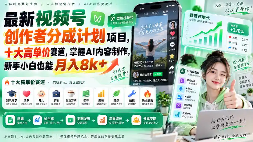 最新视频号创作者分成计划项目,十大高单价赛道,掌握AI内容制作,新手小白也能月入8k+-小行网创