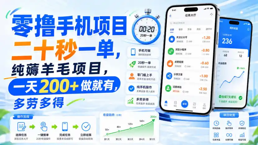 零撸手机项目，二十秒一单，纯薅羊毛项目，一天200+做就有，多劳多得【揭秘】-小行网创
