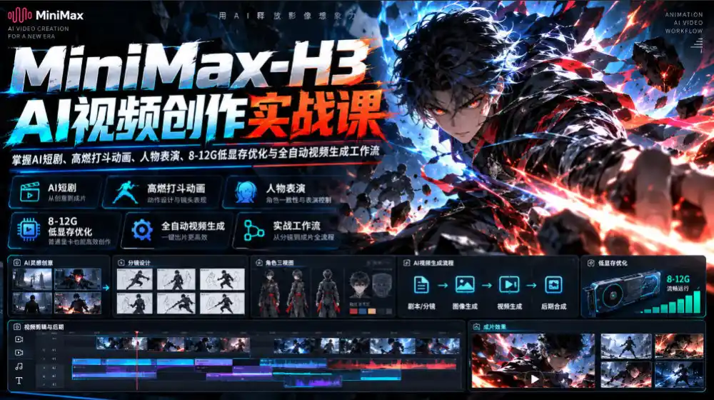 MiniMax-H3 AI视频创作实战课，掌握AI短剧、高燃打斗动画、人物表演、8-12G低显存优化与全自动视频生成工作流-小行网创