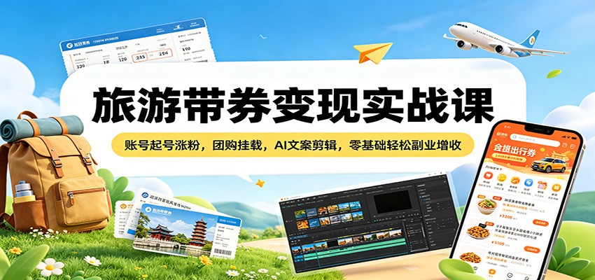 旅游带券变现实战课：账号起号涨粉，团购挂载，AI文案剪辑，零基础轻松副业增收-小行网创
