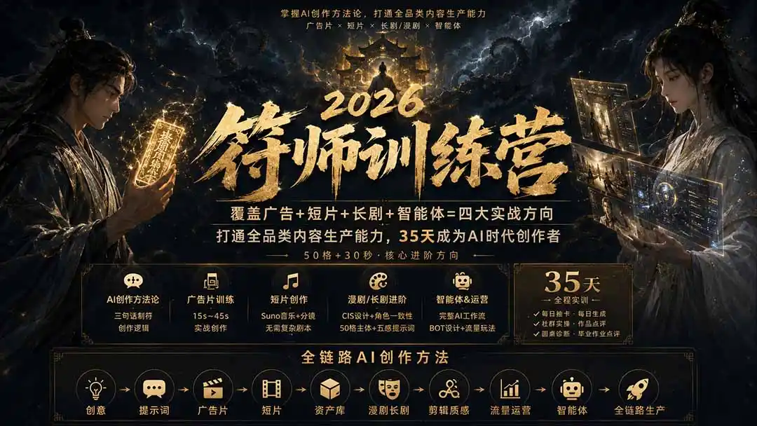 符师训练营-35天成为AI时代创作者,广告+短片+漫剧+智能体四大实战方向,掌握从创意到上线的完整工作流-小行网创