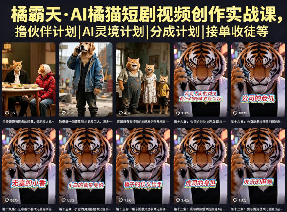 橘霸天·AI橘猫短剧视频创作实战课,撸伙伴计划|AI灵境计划|分成计划|接单收徒等-小行网创