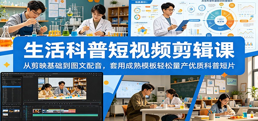 生活科普短视频剪辑课：从剪映基础到图文配音，套用成熟模板轻松量产优质科普短片-小行网创