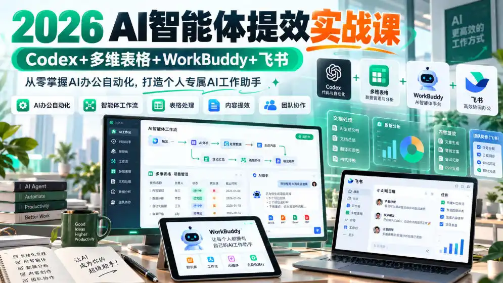 2026 AI智能体提效实战课：Codex+多维表格+WorkBuddy+飞书，从零掌握AI办公自动化，打造个人专属AI工作助手-小行网创